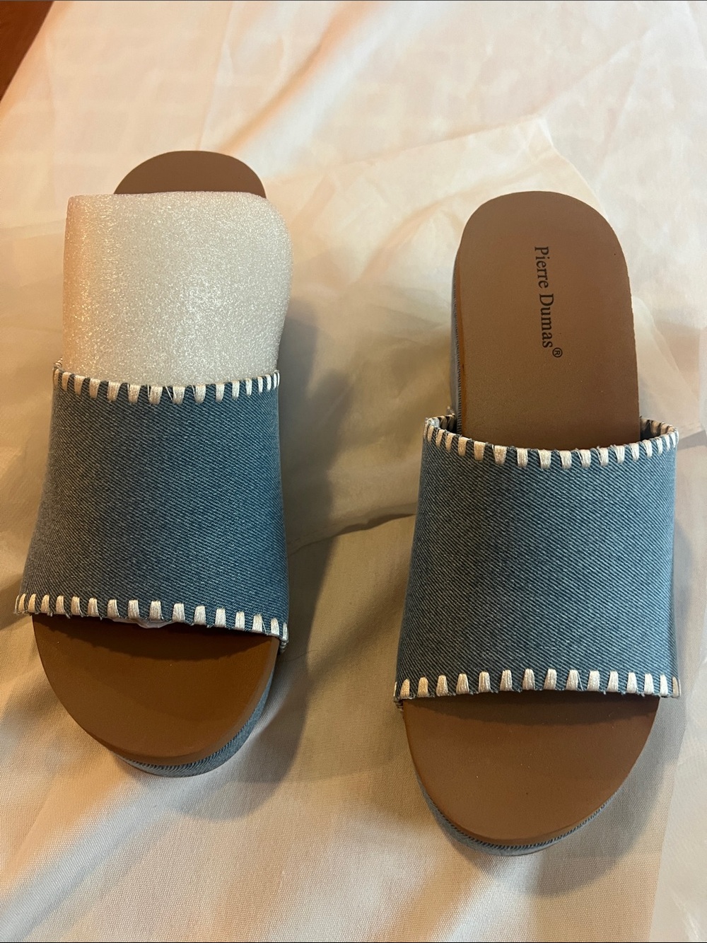 Pierre Dumas Denim Slide Sandals in Blue and Brown